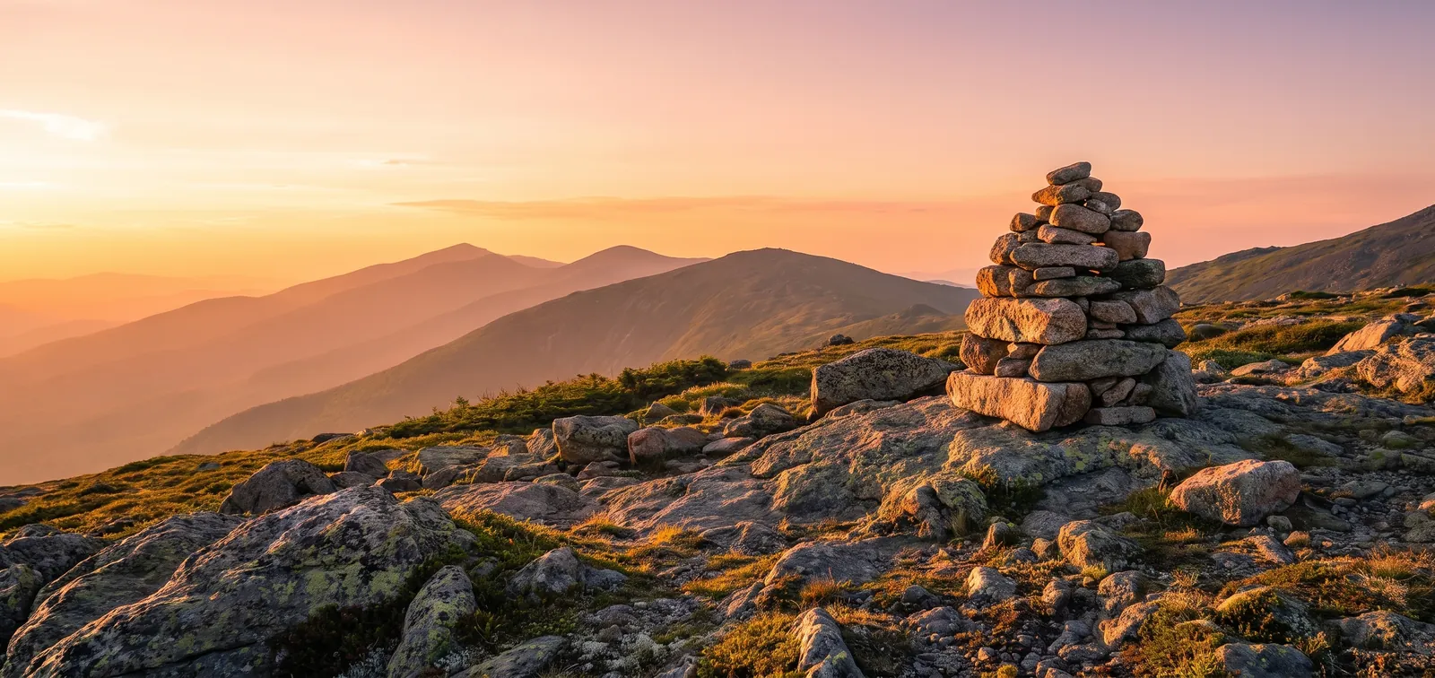 A stone cairn on a mountain pass in bright golden-hour light