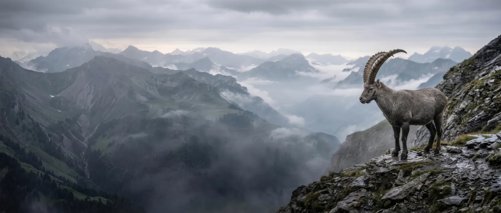 An alpine ibex standing on a rocky ledge above a misty mountain valley
