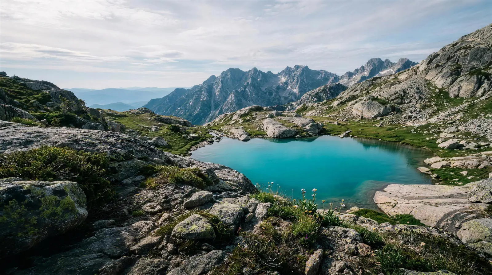 A turquoise mountain tarn set in grey alpine rock