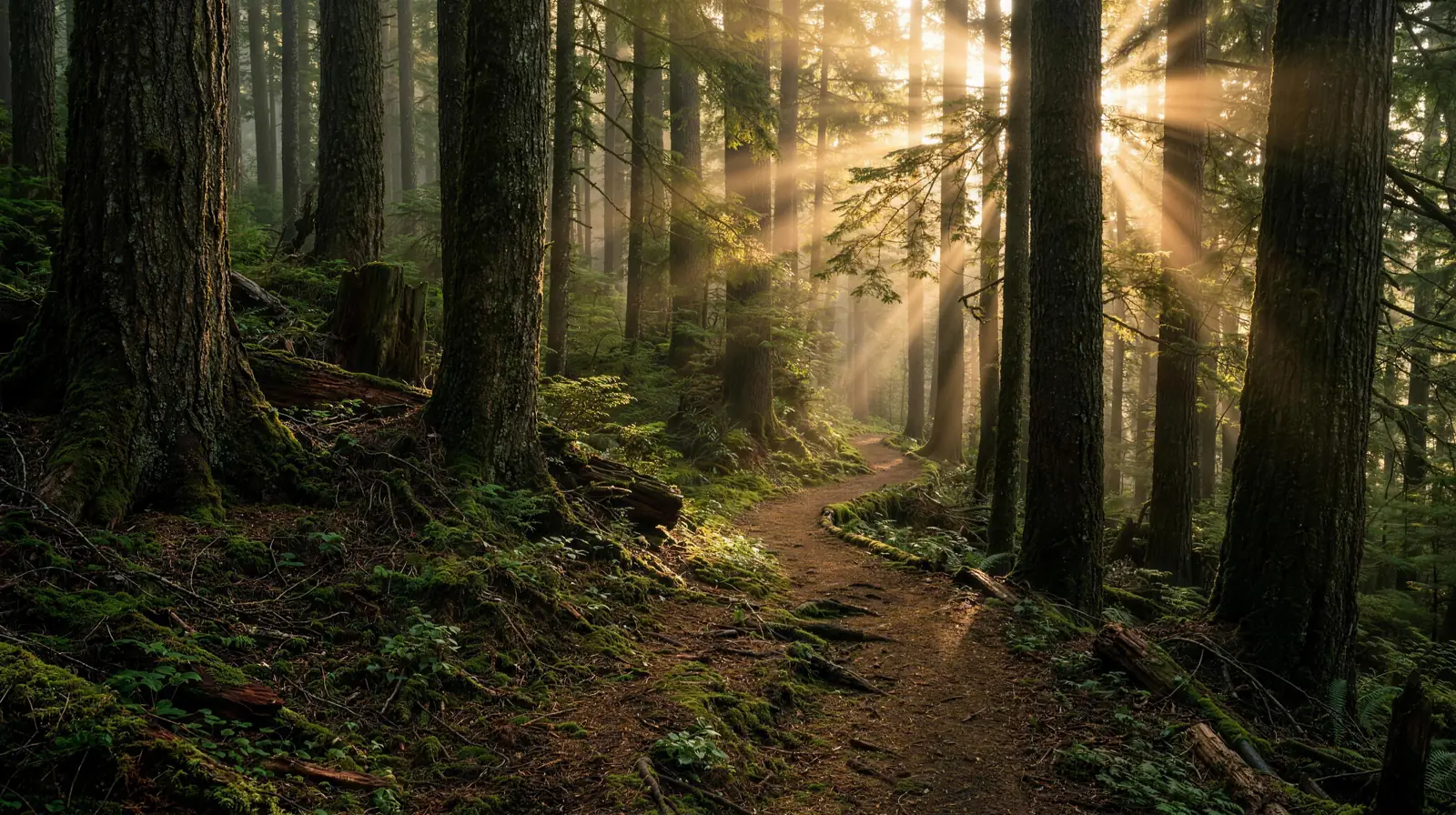 A forest trail winding between tall trees toward the light