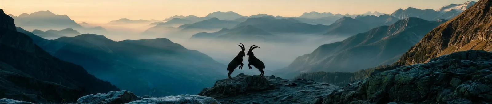 Two male Alpine ibex rearing up and clashing horns on a mountain ridge at first light, backlit dust glowing between them