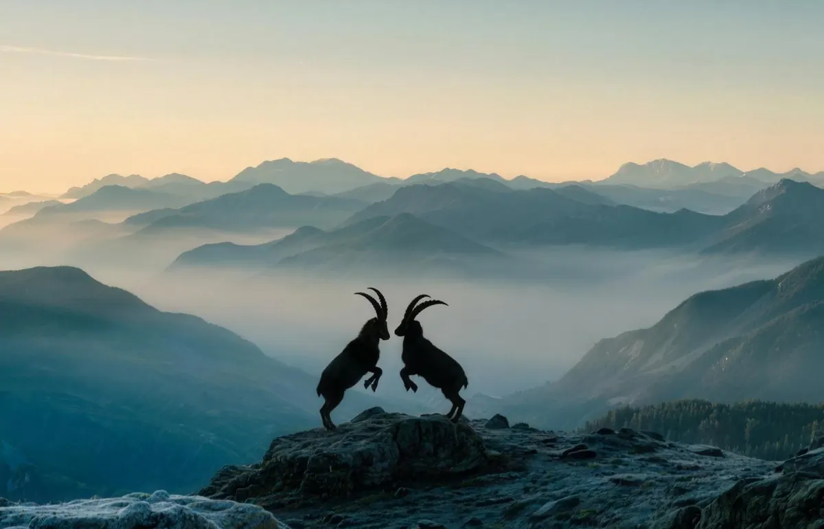 Two Alpine ibex rearing up and clashing horns on a rock spur above a mist-filled valley at dawn